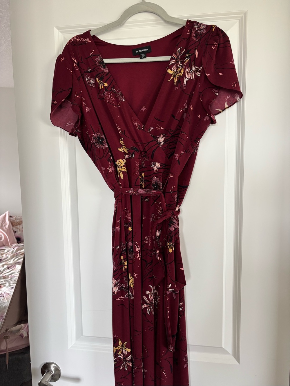 le chateau Maroon Floral Wrap midi Dress